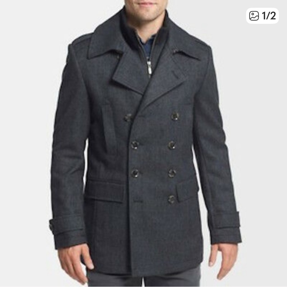 7 Diamonds Glasgow Wool Grey Removable Faux Vest Double Breasted Pea Coat, M/L